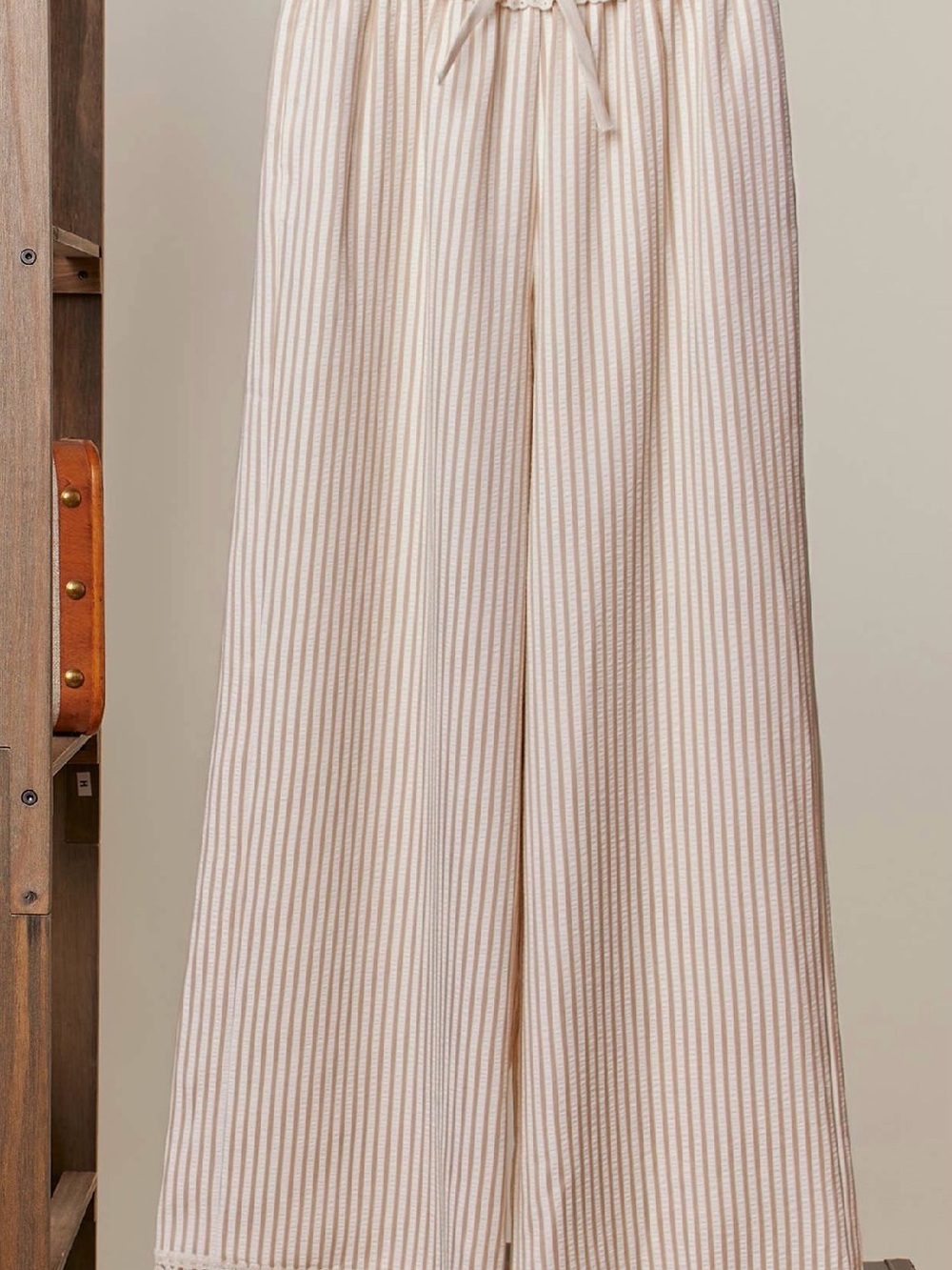 Wide-Leg Drawstring Pants - Ivory/Light Tan Stripe